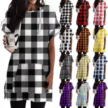 Женские свободные рубашки с принтом, толстовки с короткими рукавами и шнурком, вязаная туника с боковыми разрезами, топы с капюшоном и карманом L чёрный