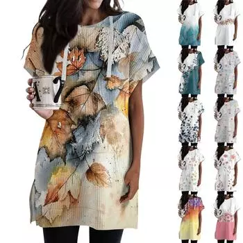 Женские свободные рубашки с принтом, толстовки с короткими рукавами и шнурком, вязаная туника с боковыми разрезами, топы с капюшоном и карманом L синий