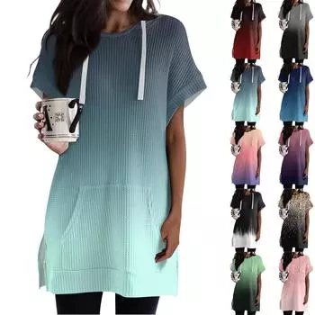 Женские свободные рубашки с принтом, толстовки с короткими рукавами и шнурком, вязаная туника с боковыми разрезами, топы с капюшоном и карманом L чёрный