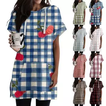 Женские свободные рубашки с принтом, толстовки с короткими рукавами и шнурком, вязаная туника с боковыми разрезами, топы с капюшоном и карманом M синий