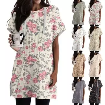 Женские свободные рубашки с принтом, толстовки с короткими рукавами и шнурком, вязаная туника с боковыми разрезами, топы с капюшоном и карманом XXL