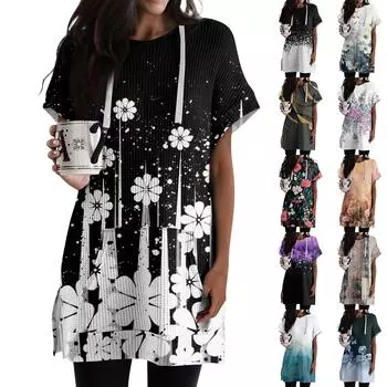 Женские свободные рубашки с принтом, толстовки с короткими рукавами и шнурком, вязаная туника с боковыми разрезами, топы с капюшоном и карманом L серый