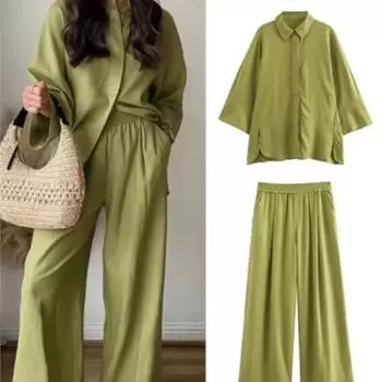 Женские свободные рубашки с разрезами по бокам, костюмы с рукавами 3/4, свободный топ, осенние женские комплекты брюк с эластичной резинкой на талии XS