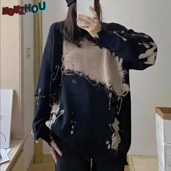 Женские свободные рваные вязаные свитера в стиле Харадзюку в стиле панк с цепочкой, готическая уличная одежда, свитер большого размера с отверстиями для девочек, топы в стиле гранж Y2k, клубный стиль M чёрный