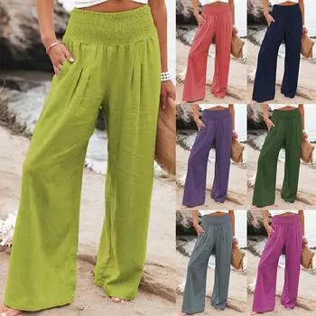 Женские свободные широкие брюки из хлопка и льна, весенне-летние офисные женские повседневные однотонные брюки для бега с эластичной резинкой на талии, брюки большого размера 3XL