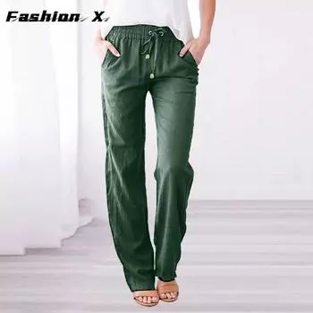 Женские свободные широкие брюки, однотонные повседневные брюки из хлопка и льна с завязками S белый