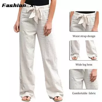 Женские свободные широкие брюки, повседневные льняные брюки большого размера 2XL белый