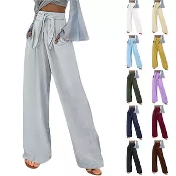 Женские свободные широкие брюки с карманами, повседневные свободные широкие брюки из хлопка и льна на пуговицах с эластичной резинкой на талии L
