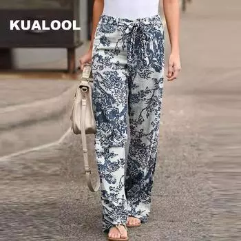 Женские свободные широкие брюки с принтом в стиле ретро, летние свободные повседневные хлопковые брюки M белый