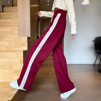 Женские свободные широкие брюки с высокой талией, весенне-осенние свободные спортивные штаны в полоску по бокам, новые женские длинные брюки больших размеров 4XL S красный