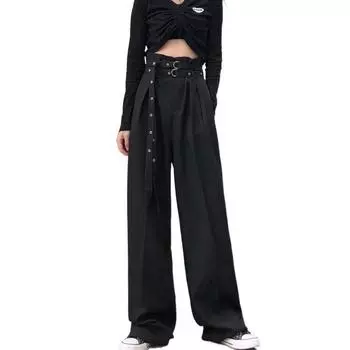 Женские свободные широкие брюки с высокой талией, тонкие черные прямые брюки, повседневные брюки, женские длинные брюки с поясом S чёрный