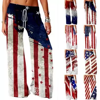 Женские свободные широкие длинные брюки с эластичной резинкой на талии и Днем независимости M бежевый