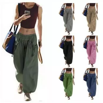 Женские свободные широкие треккинговые брюки шаг за шагом летние широкие повседневные брюки с большими присборенными карманами L армия зеленый