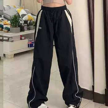 Женские свободные спортивные штаны с парашютом в стиле ретро, повседневные спортивные штаны большого размера в корейском стиле, широкие спортивные штаны с высокой талией M чёрный