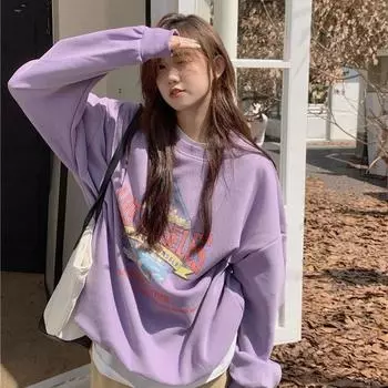 Женские свободные свитера с длинным рукавом и круглым вырезом, женские топы, однотонные толстовки M фиолетовый