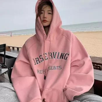 Женские свободные свитера с длинным рукавом и капюшоном с круглым вырезом, женские топы, однотонные толстовки M розовый