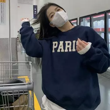 Женские свободные свитера с длинным рукавом и круглым вырезом, женские топы, однотонные толстовки M темно-синий