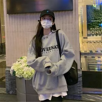 Женские свободные свитера с длинным рукавом и круглым вырезом, женские топы, однотонные толстовки M светло-серый