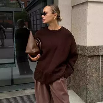 Женские свободные свитера с длинным рукавом, осенний круглый вырез, ребристый трикотаж, повседневный мягкий пуловер, свитер, топы для женщин, свободный крой, однотонный трикотажный джемпер S белый