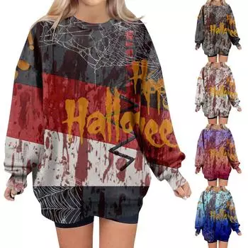 Женские свободные свитера, толстовки, флисовые принты на Хэллоуин, свитера с длинным рукавом, зимние осенние наряды S красный