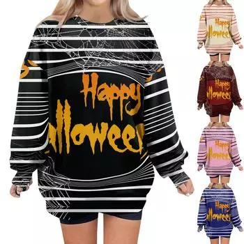 Женские свободные свитера, толстовки, флисовые принты на Хэллоуин, свитера с длинным рукавом, зимние осенние наряды M