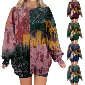 Женские свободные свитера, толстовки, флисовые принты на Хэллоуин, свитера с длинным рукавом, зимние осенние наряды XXL