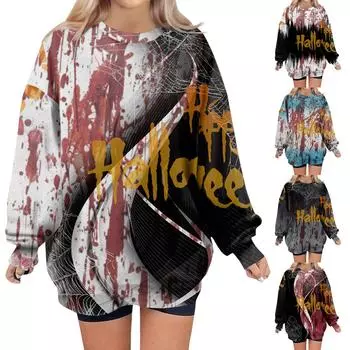 Женские свободные свитера, толстовки, флисовые принты на Хэллоуин, свитера с длинным рукавом, зимние осенние наряды XXL