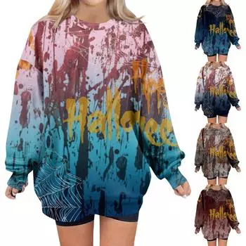 Женские свободные свитера, толстовки, флисовые принты на Хэллоуин, свитера с длинным рукавом, зимние осенние наряды XL
