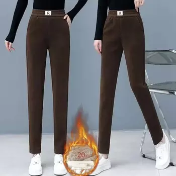 Женские свободные теплые брюки из овечьей шерсти, повседневные вельветовые прямые брюки, утолщенные спортивные брюки с эластичной резинкой на талии, повседневные осенне-зимние M чёрный