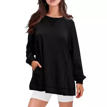 Женские свободные толстовки, флисовые свитера с круглым вырезом, повседневные удобные осенние модные наряды, элегантная одежда M чёрный