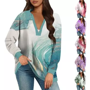 Женские свободные толстовки осенние топы с длинным рукавом V-образным вырезом повседневный пуловер с принтом топ милая повседневная одежда L зелёный