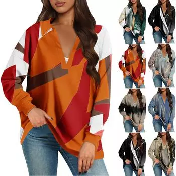 Женские свободные толстовки осенние топы с длинным рукавом V-образным вырезом повседневный пуловер с принтом топ милая повседневная одежда XXL синий