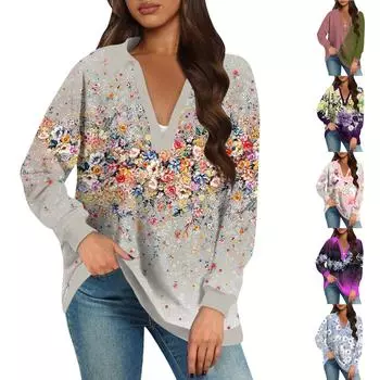 Женские свободные толстовки осенние топы с длинным рукавом V-образным вырезом повседневный пуловер с принтом топ милая повседневная одежда L армия зеленый