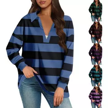 Женские свободные толстовки осенние топы с длинным рукавом V-образным вырезом повседневный пуловер с принтом топ милая повседневная одежда L синий