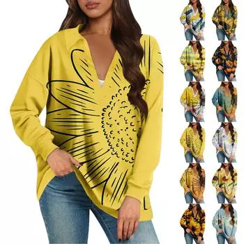 Женские свободные толстовки осенние топы с длинным рукавом V-образным вырезом повседневный пуловер с принтом топ милая повседневная одежда L бежевый