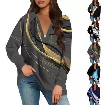 Женские свободные толстовки осенние топы с длинным рукавом V-образным вырезом повседневный пуловер с принтом топ милая повседневная одежда L чёрный