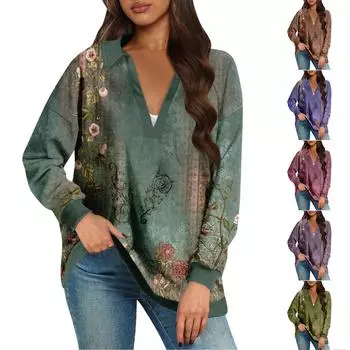 Женские свободные толстовки осенние топы с длинным рукавом V-образным вырезом повседневный пуловер с принтом топ милая повседневная одежда L