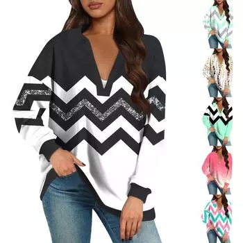 Женские свободные толстовки осенние топы с длинным рукавом V-образным вырезом повседневный пуловер с принтом топ милая повседневная одежда L чёрный