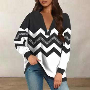 Женские свободные толстовки осенние топы с длинным рукавом V-образным вырезом повседневный пуловер с принтом топ милая повседневная одежда XL чёрный