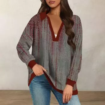 Женские свободные толстовки осенние топы с длинным рукавом V-образным вырезом повседневный пуловер с принтом топ милая повседневная одежда L