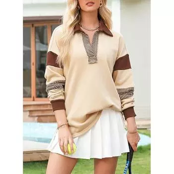 Женские свободные толстовки с цветными блоками, с длинным рукавом, свободным V-образным вырезом, осенние наряды 2024 года, модный пуловер с разрезом S абрикосовый