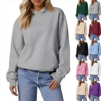 Женские свободные толстовки с длинными рукавами, блузки, повседневные модные однотонные пуловеры, толстовки с капюшоном, топ с карманом L чёрный