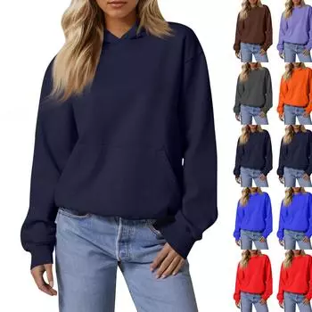 Женские свободные толстовки с длинными рукавами, блузки, повседневные модные однотонные пуловеры, толстовки с капюшоном, топ с карманом XL красный