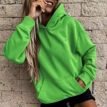 Женские свободные толстовки с длинными рукавами, блузки, повседневные модные однотонные пуловеры, толстовки с капюшоном, топ с карманом L