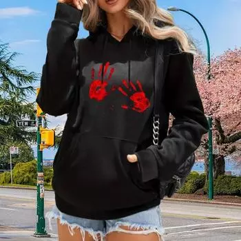 Женские свободные толстовки с капюшоном с красным принтом от руки, блузки, толстовки, повседневные свитера с длинным рукавом XS чёрный