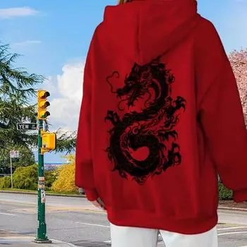 Женские свободные толстовки с принтом китайского лунга, блузки, толстовки, повседневные свитера с длинным рукавом XS красный