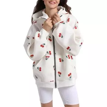 Женские свободные толстовки с принтом вишни, повседневные толстовки на молнии, рукава «летучая мышь», куртки с карманом Small белый