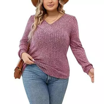 Женские свободные топы больших размеров с длинными рукавами и V-образным вырезом, футболка для выхода в свет, блузка, рубашка XL розовый