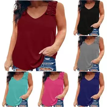 Женские свободные топы больших размеров с v-образным вырезом, повседневная однотонная футболка, блузка без рукавов, жилет XXXL синий