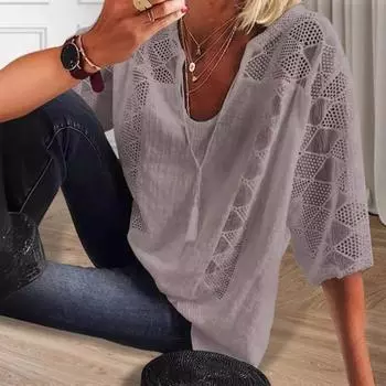 Женские свободные топы на шнуровке 45355 с рукавами, однотонные кружевные пуловеры, топы с U-образным вырезом, свободный крой 3XL светло-синий